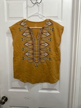 Embroidered Split-Neck 100% Cotton Tunic Top in Mustard
